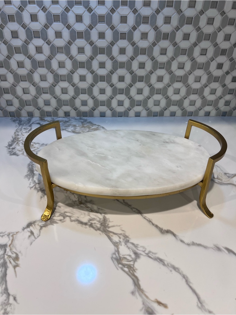 Oval Marble Tray with Gold Handles